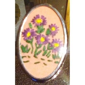 Vintage Victorian Style Petit Point Flower Brooch sliverTone Oval Pin